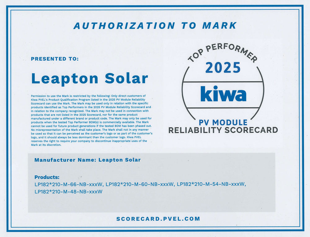 Leapton fue nombrado nuevamente por PVEL como el Fabricante Global de Módulos con Mejor Rendimiento de 2025.